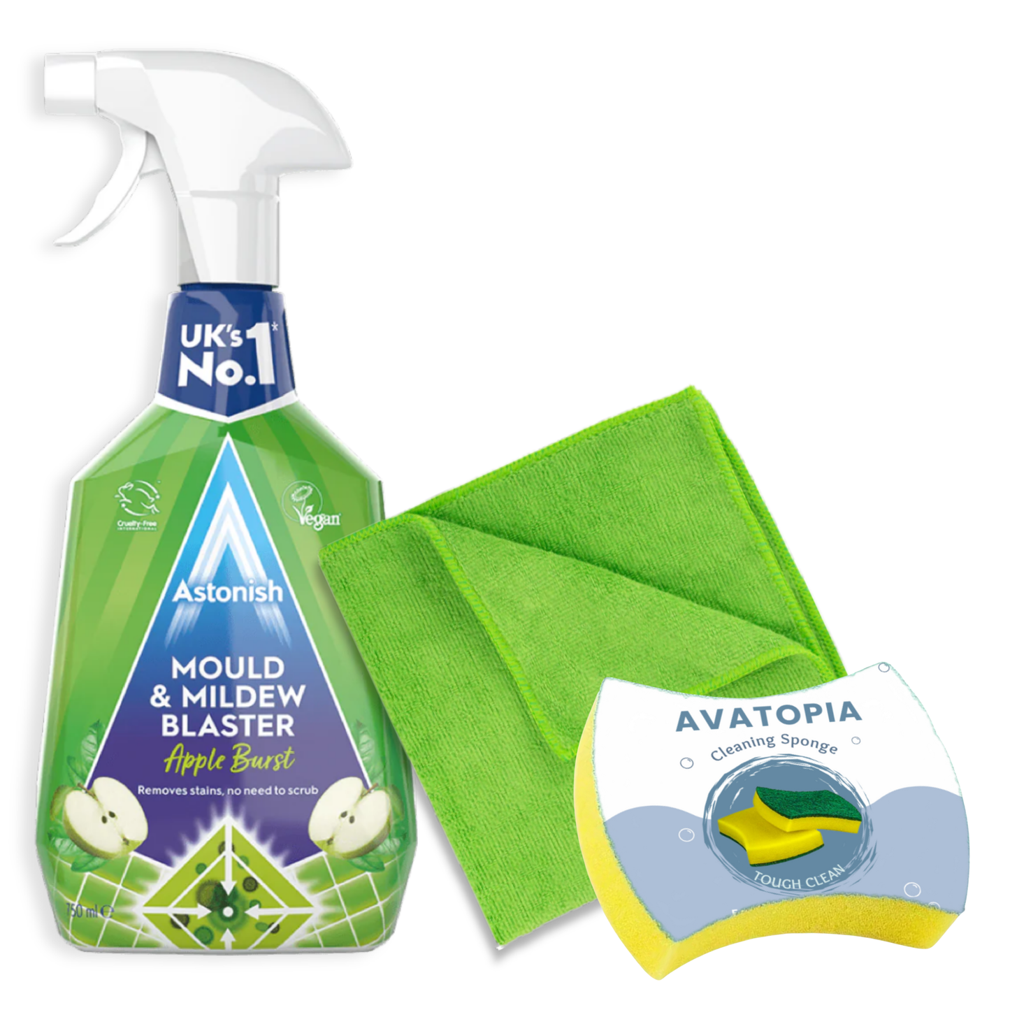 Astonish Mould & Mildew Blaster 750ml set with black mould remover spray, cleaning sponge brush, and microfibre cloth for effective bathroom and kitchen cleaning.
