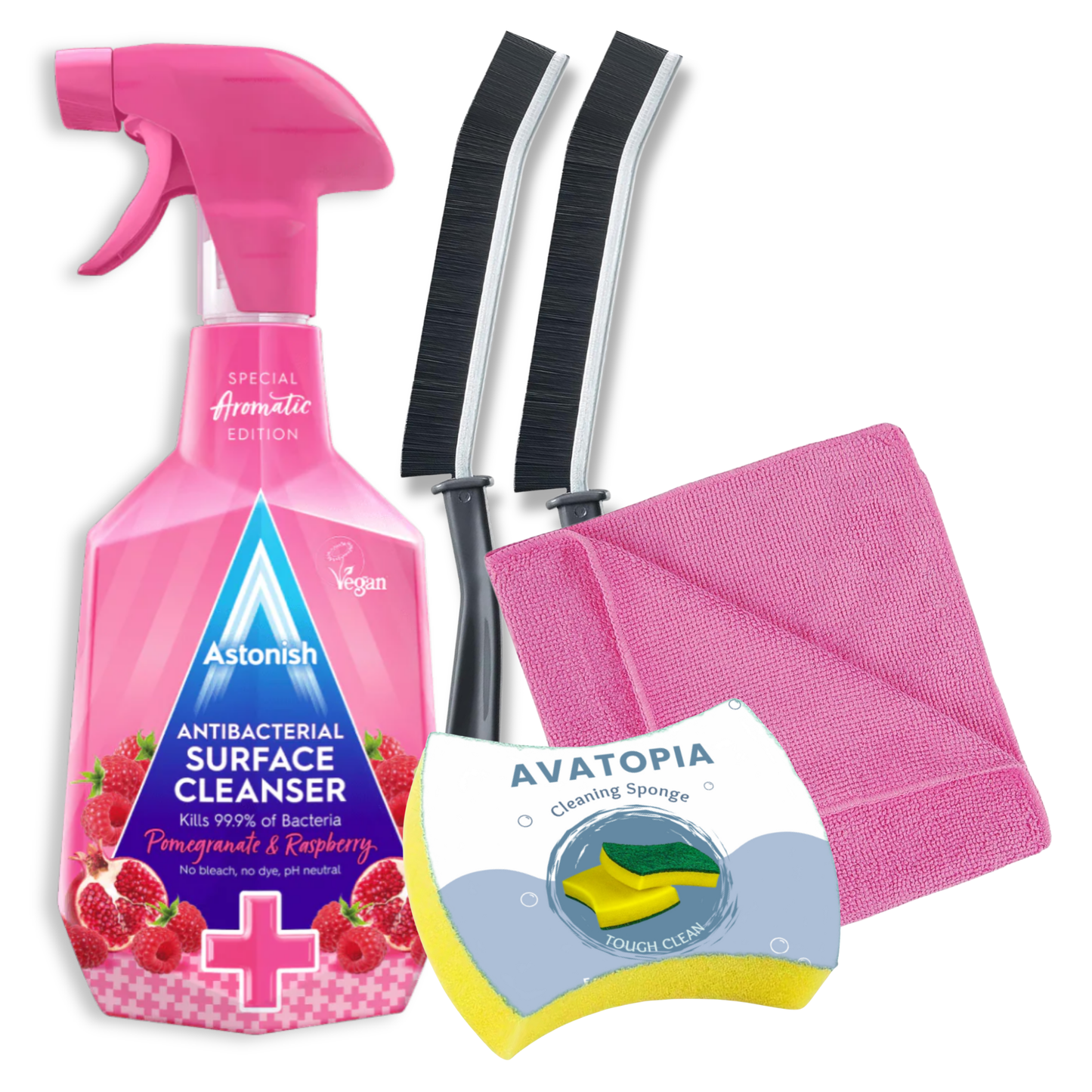 Astonish Antibacterial Surface Spray & Cleaning Bundle – Multi-Purpose Cleaner with Crevice Brushes, Sponge & Microfibre Cloth for a Hygienic Home.