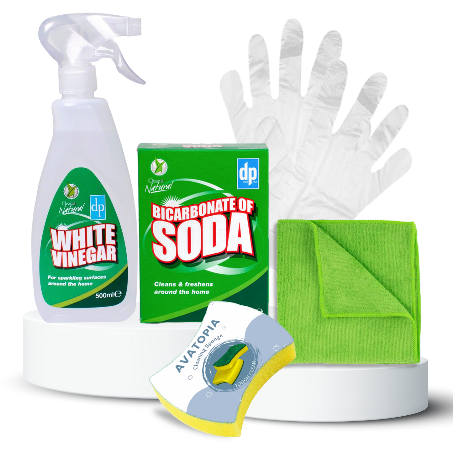 Natural Cleaning Kit featuring Bicarbonate of Soda, White Vinegar, cleaning sponge, and microfibre cloth for eco-friendly, chemical-free home cleaning.