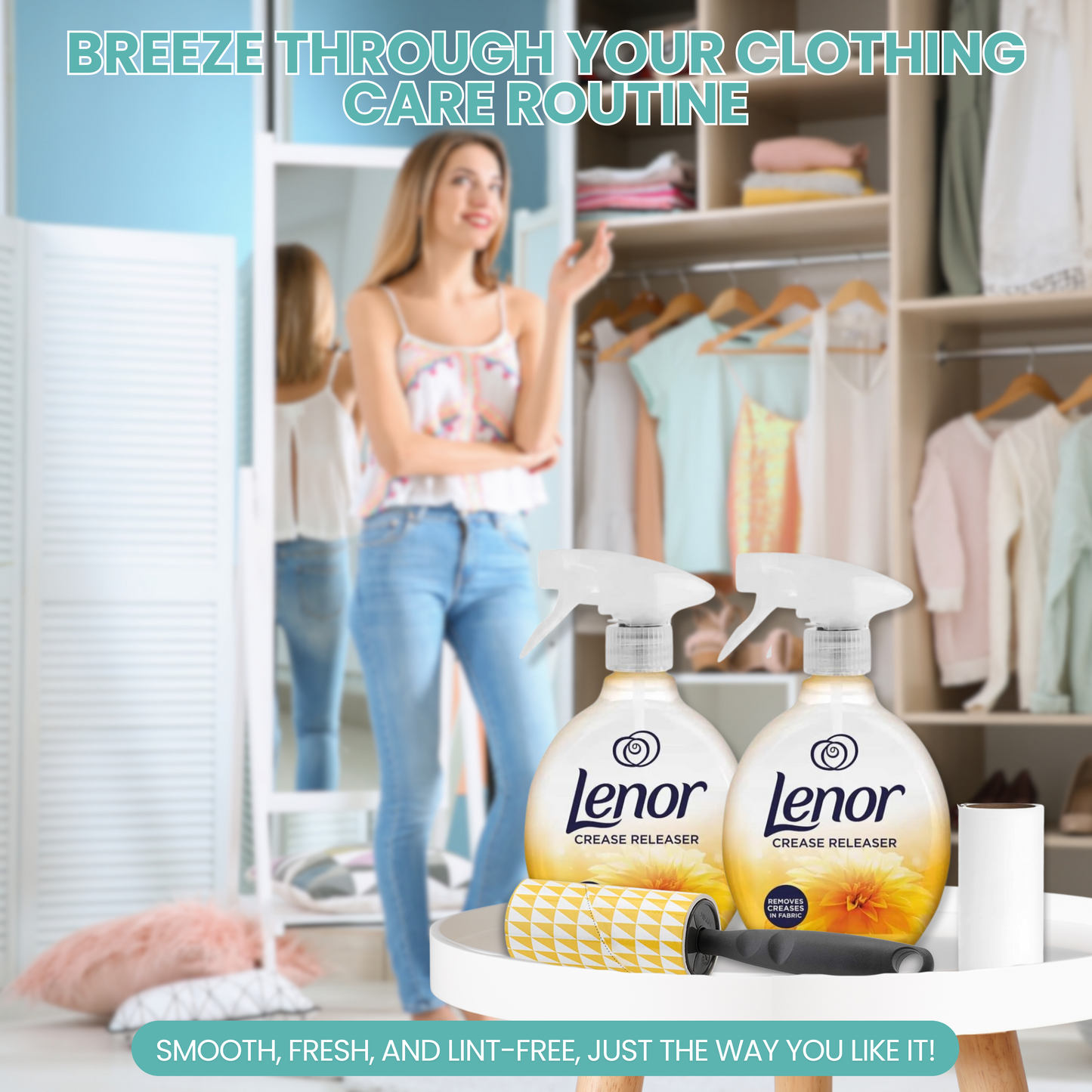Ultimate Crease Releaser Spray & Lint Roller Set – 2x500ml Wrinkle Remover & Pet Hair Remover for Clothes & Bedding
