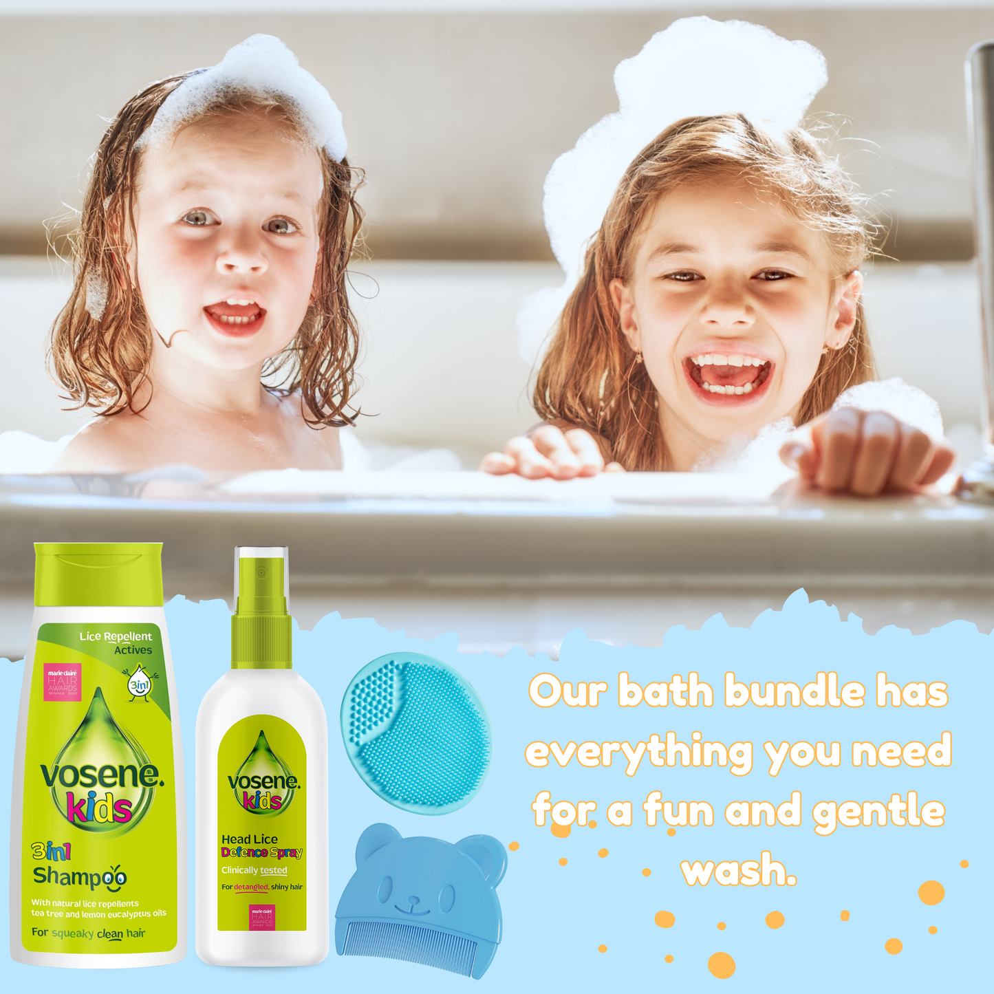 Vosene Kids 3-in-1 Lice Repellent Shampoo & Spray with Baby Brush & Comb