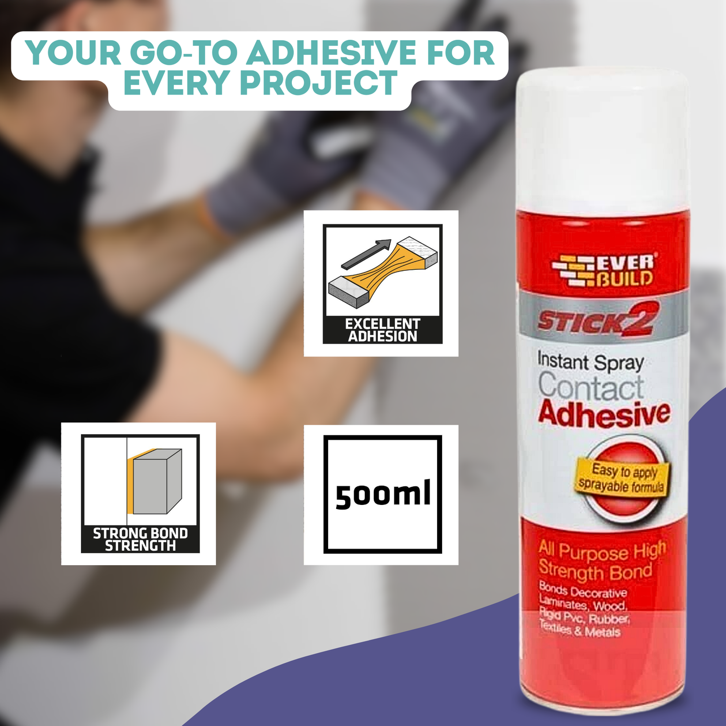 Everbuild Stick 2 High Bond Adhesive 500ml + Gloves & Cloth for DIY