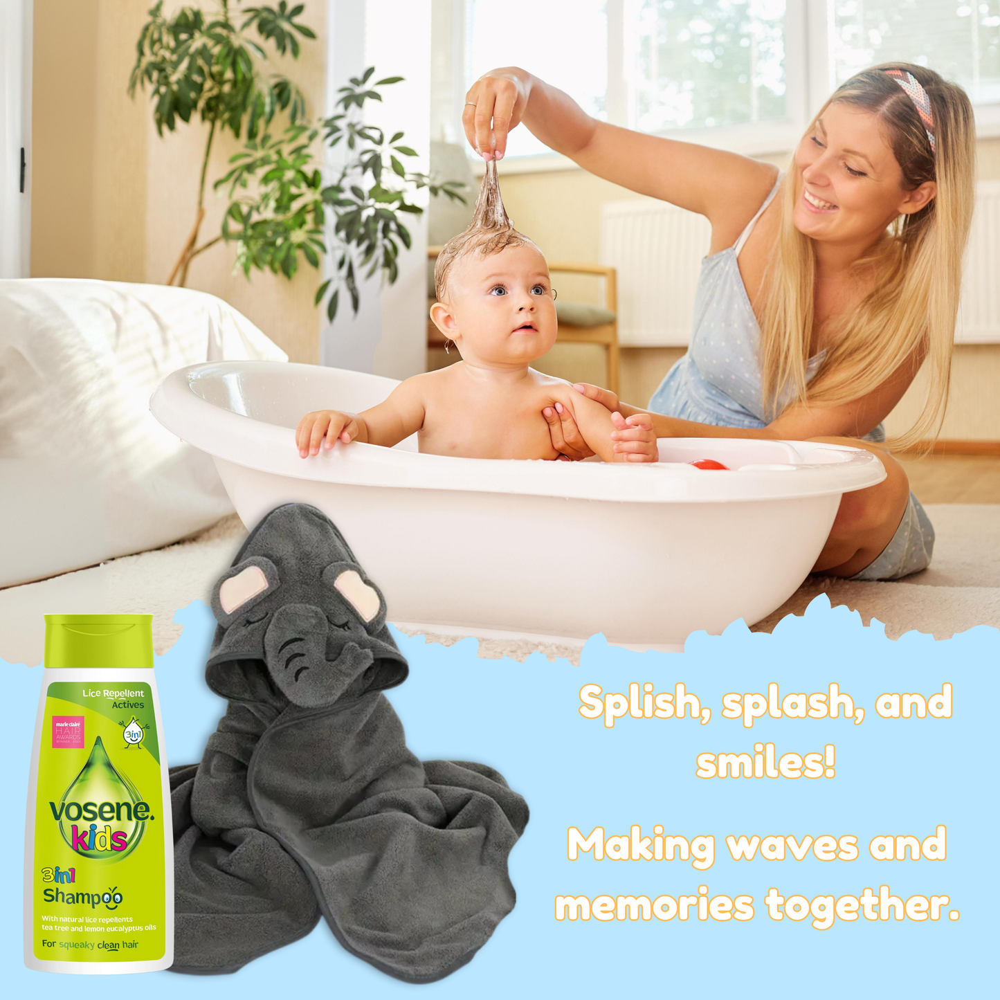 Vosene Kids Lice Repellent Shampoo & Elephant Hooded Baby Towel Bundle
