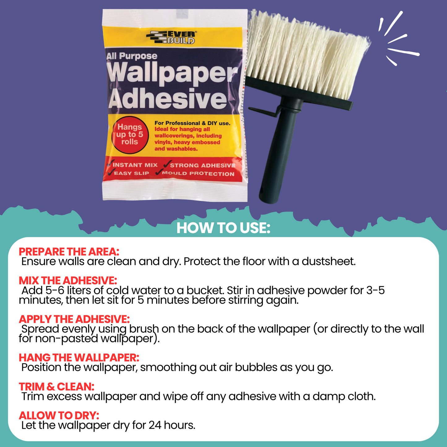 Everbuild Wallpaper Adhesive Kit – Paste Brush, Gloves for Easy Hanging