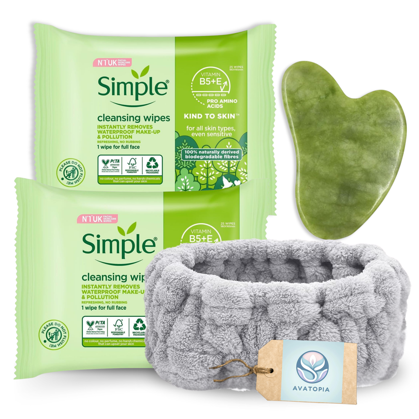 Simple Facial Cleansing Wipes 2 Pack, Gua Sha Jade Tool, and Facial Headband – Complete Skincare Set for Sensitive Skin, Makeup Removal, and Face Care