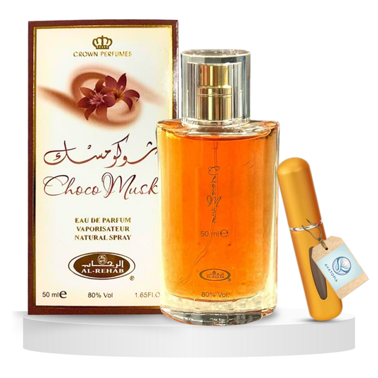 Choco Musk 50ml Eau de Parfum – Sweet Vanilla & Oud Perfume for Men & Women, Long-Lasting Arabic Fragrance with Mini Refillable Bottle.