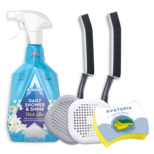 Astonish Daily Bathroom Cleaner Spray, Cleaning Sponge, 2 Crevice Brushes, and 2 Silicone Drain Protectors – 5-piece bathroom cleaning set for a fresh, clean bathroom.