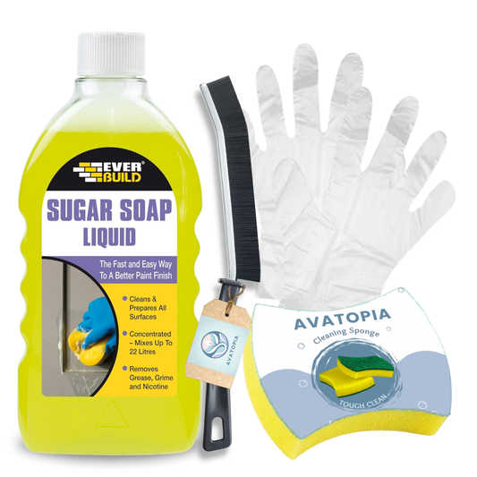 Ever Build Sugar Soap Liquid (500ml) with sponge, crevice brush, and gloves – effective wall and bathroom cleaner removes grease, grime, and stains.