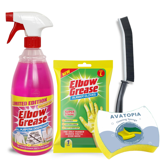 Elbow Grease Pink Degreaser Bundle – Includes 1L grease-cutting spray, cotton-lined rubber gloves, durable cleaning sponge, and crevice brush for deep cleaning kitchens, bathrooms, and household surfaces.