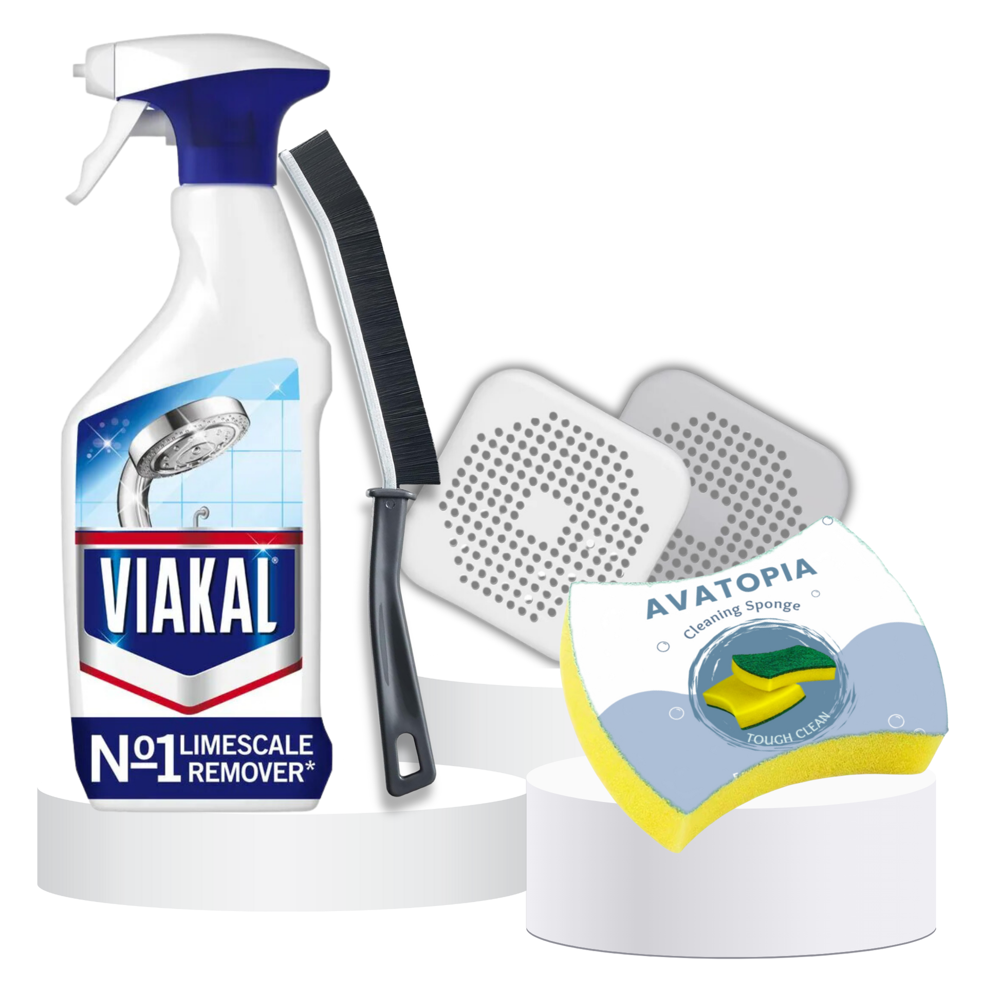 Vikal Limescale Remover Spray & Bathroom Cleaning Set – 500ml Spray, Crevice Brush, Sponge & Hair Catchers for Kitchen & Shower