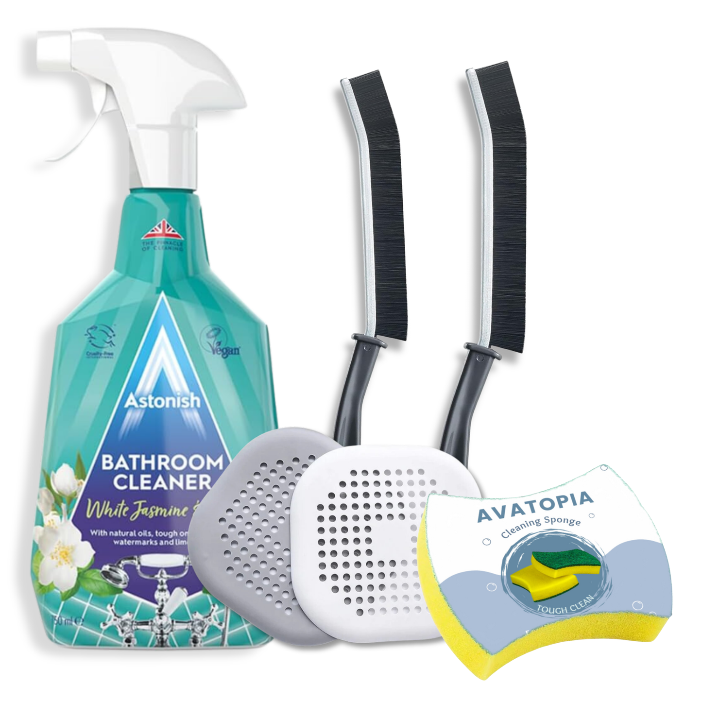 Astonish Bathroom Cleaner Spray, Cleaning Sponge, 2 Crevice Brushes, and 2 Silicone Drain Protectors – 5-piece bathroom cleaning set for a fresh, clean bathroom.