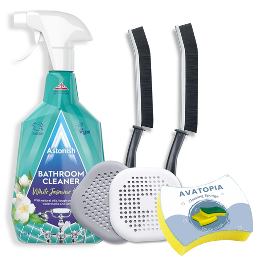 Astonish Bathroom Cleaner Spray, Cleaning Sponge, 2 Crevice Brushes, and 2 Silicone Drain Protectors – 5-piece bathroom cleaning set for a fresh, clean bathroom.