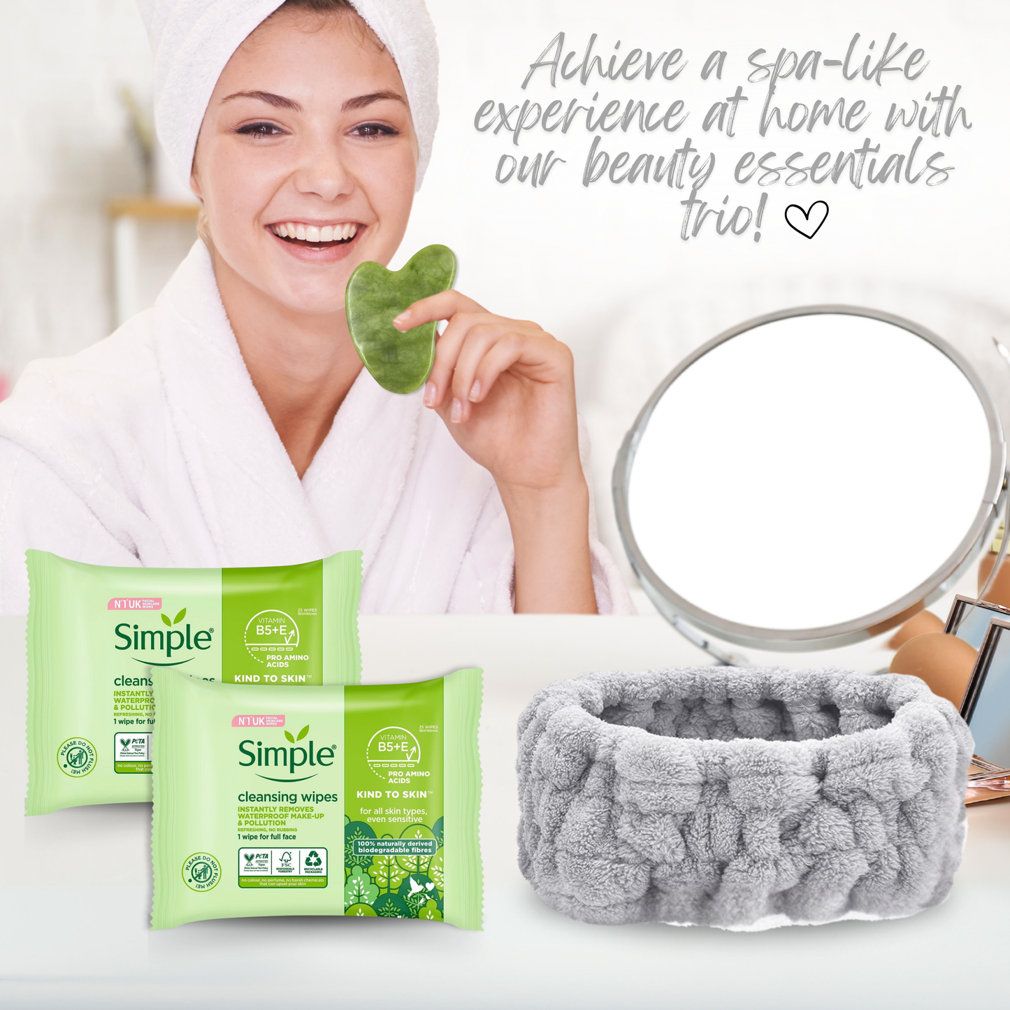 Simple Facial Cleansing Wipes (2 Pack) + Gua Sha Jade Tool & Facial Headband – Complete Skincare Set for Sensitive Skin, Makeup Removal & Face Care