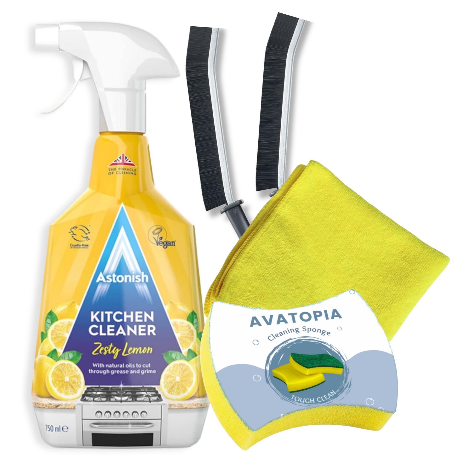 Astonish Zesty Lemon Kitchen Spray Cleaner & Cleaning Tools – 5-piece eco-friendly cleaning set for kitchen surfaces, including sponge, crevice brushes & cloth.