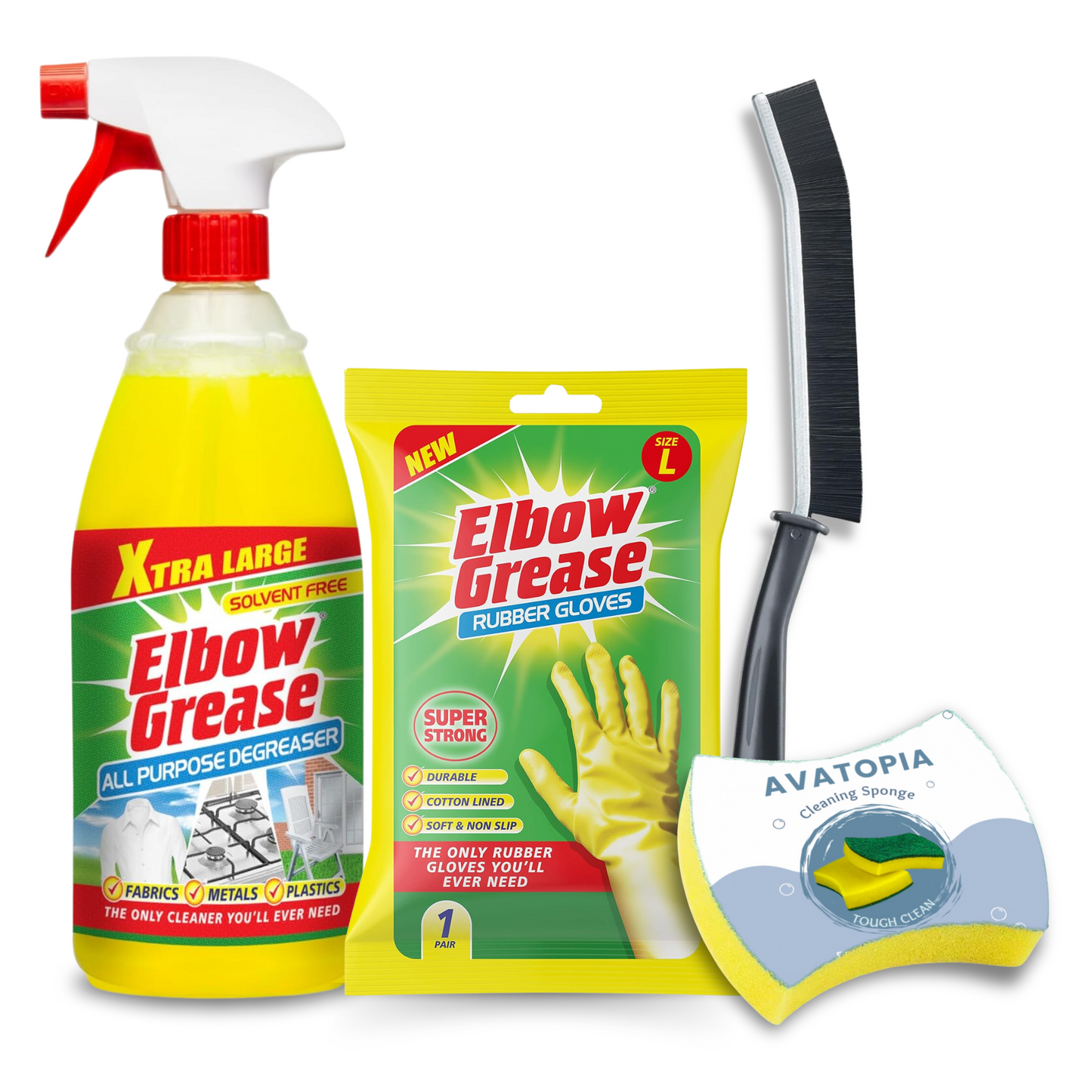 Elbow Grease Heavy Duty Degreaser & Cleaning Bundle – 1L Spray, Rubber Gloves, Sponge & Crevice Brush for Kitchen & Bathroom Cleaning