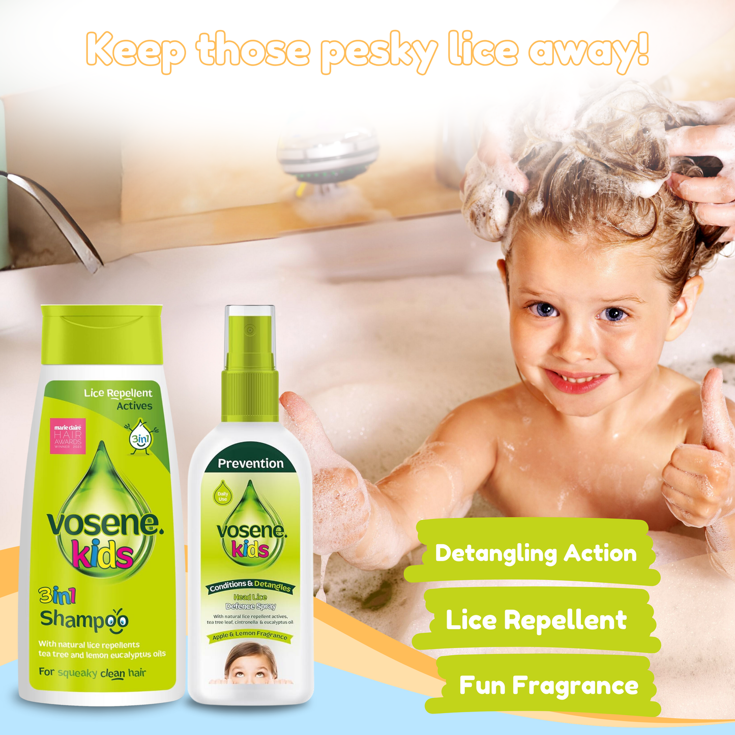 Vosene Kids 3-in-1 Lice Repellent Shampoo & Spray with Baby Brush & Comb