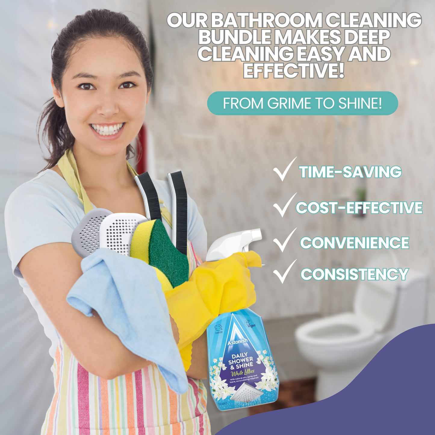 Astonish Daily Shower Shine Spray & Bathroom Cleaning Tools – 5-Piece Set