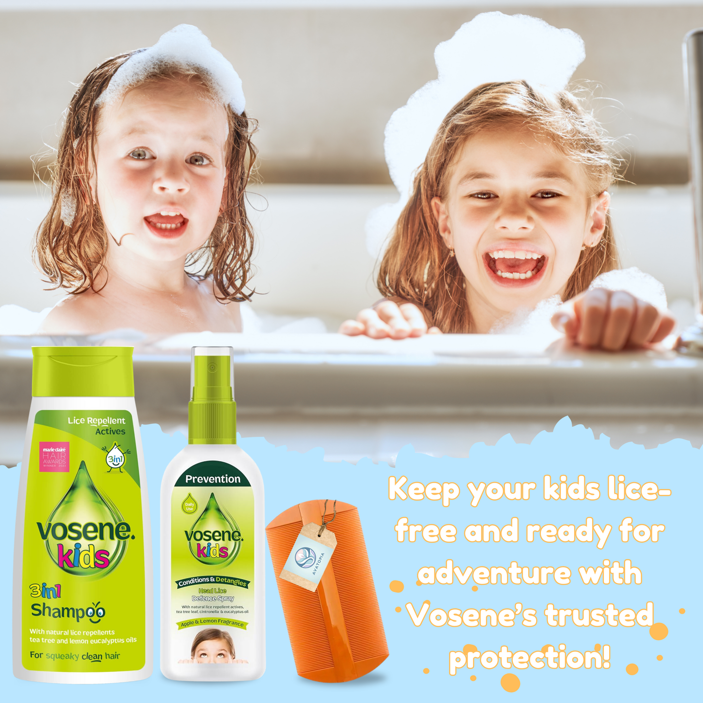 Vosene Kids 3-in-1 Lice Repellent Shampoo 250ml + Apple & Lemon Spray 150ml – Natural Head Lice Treatment for Children with Nit Comb