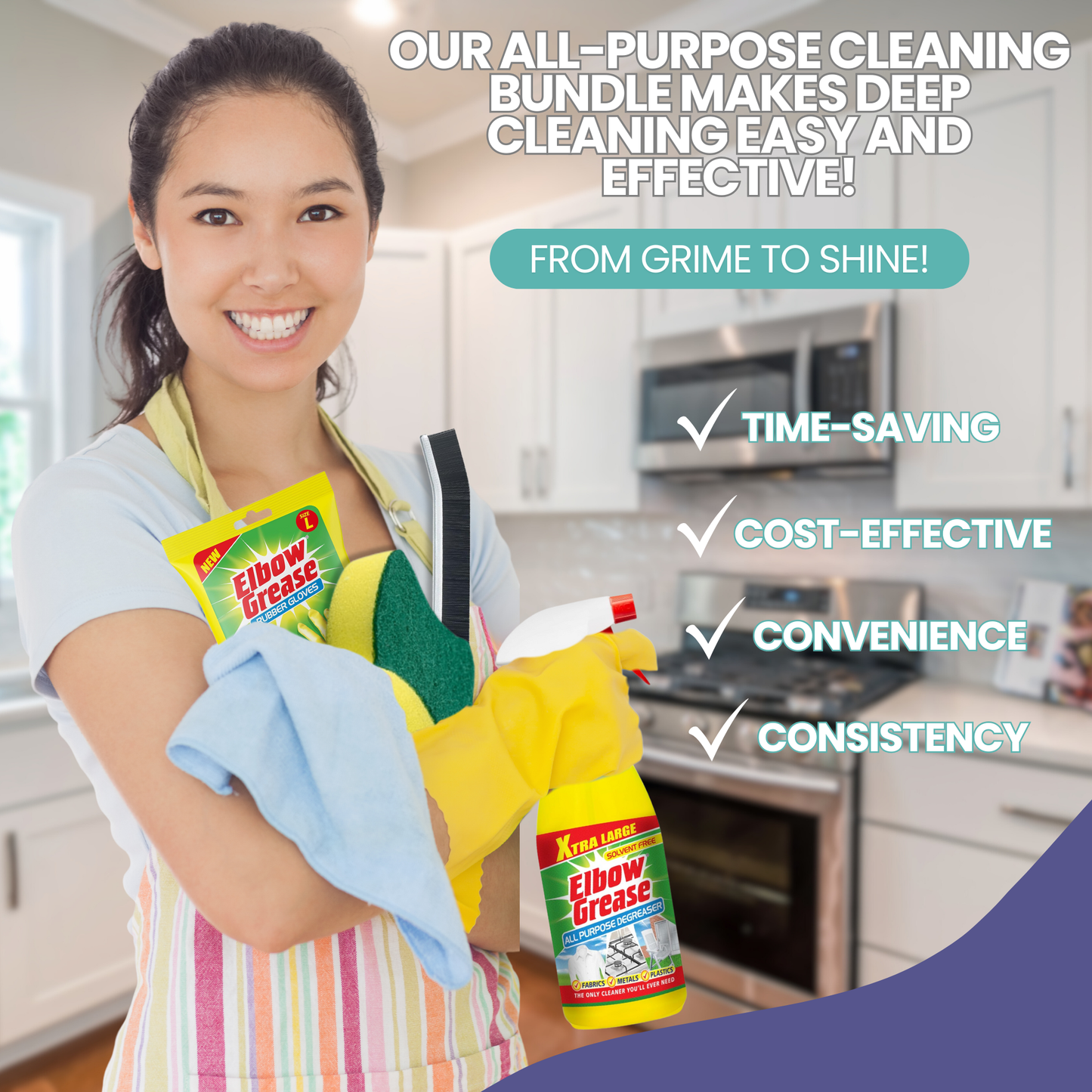 Elbow Grease Heavy Duty Degreaser & Cleaning Bundle – 1L Spray, Rubber Gloves, Sponge & Crevice Brush for Kitchen & Bathroom