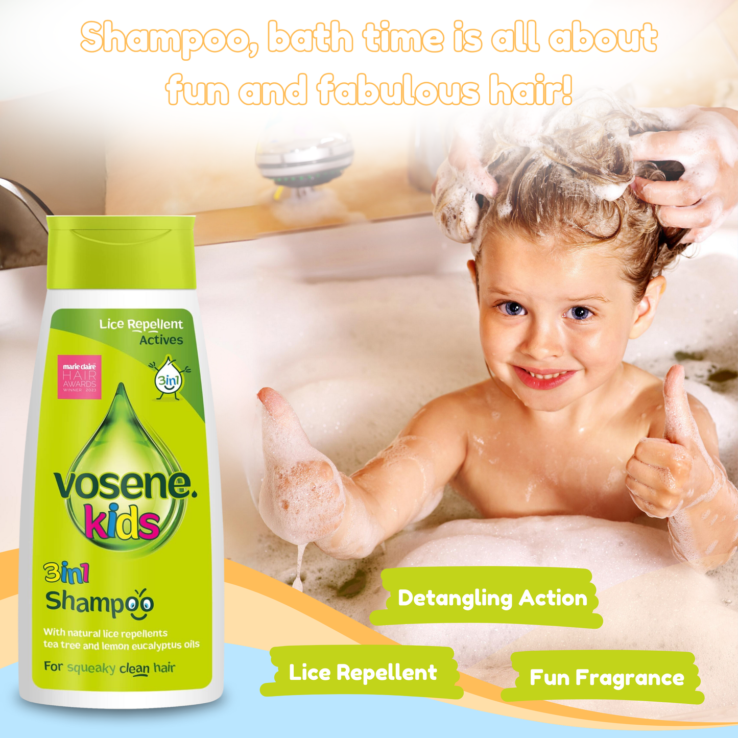 Vosene Kids Lice Repellent Shampoo & Elephant Hooded Baby Towel Bundle