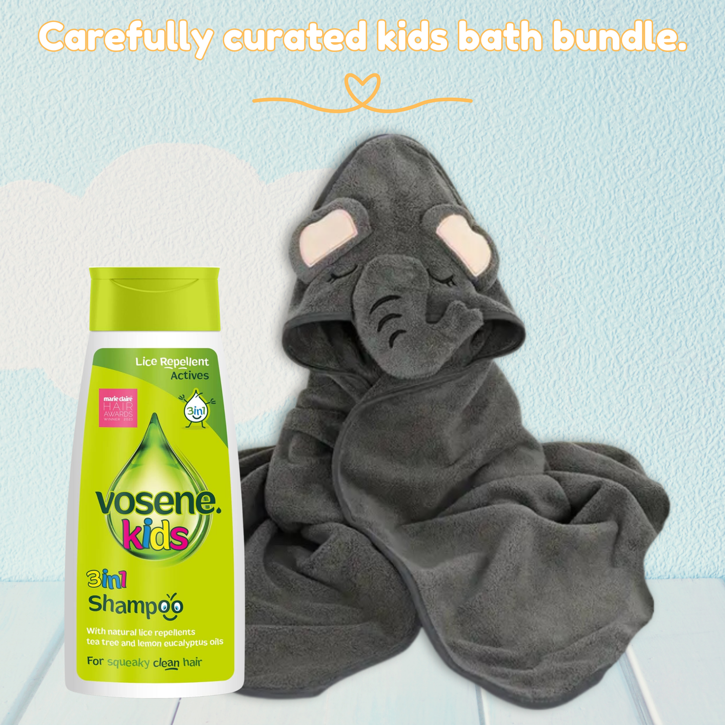 Vosene Kids Lice Repellent Shampoo & Elephant Hooded Baby Towel Bundle