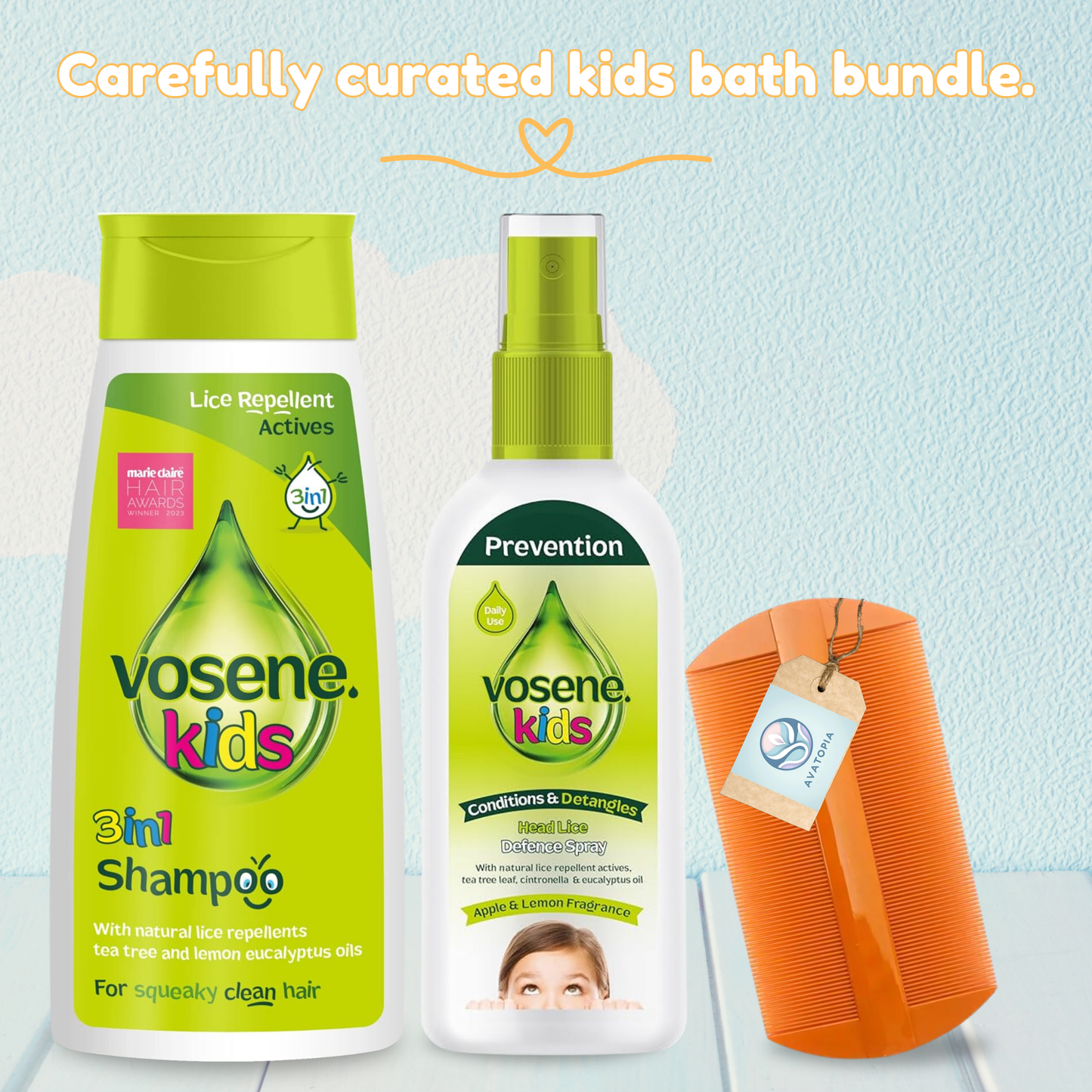 Vosene Kids 3-in-1 Lice Repellent Shampoo 250ml + Apple & Lemon Spray 150ml – Natural Head Lice Treatment for Children with Nit Comb