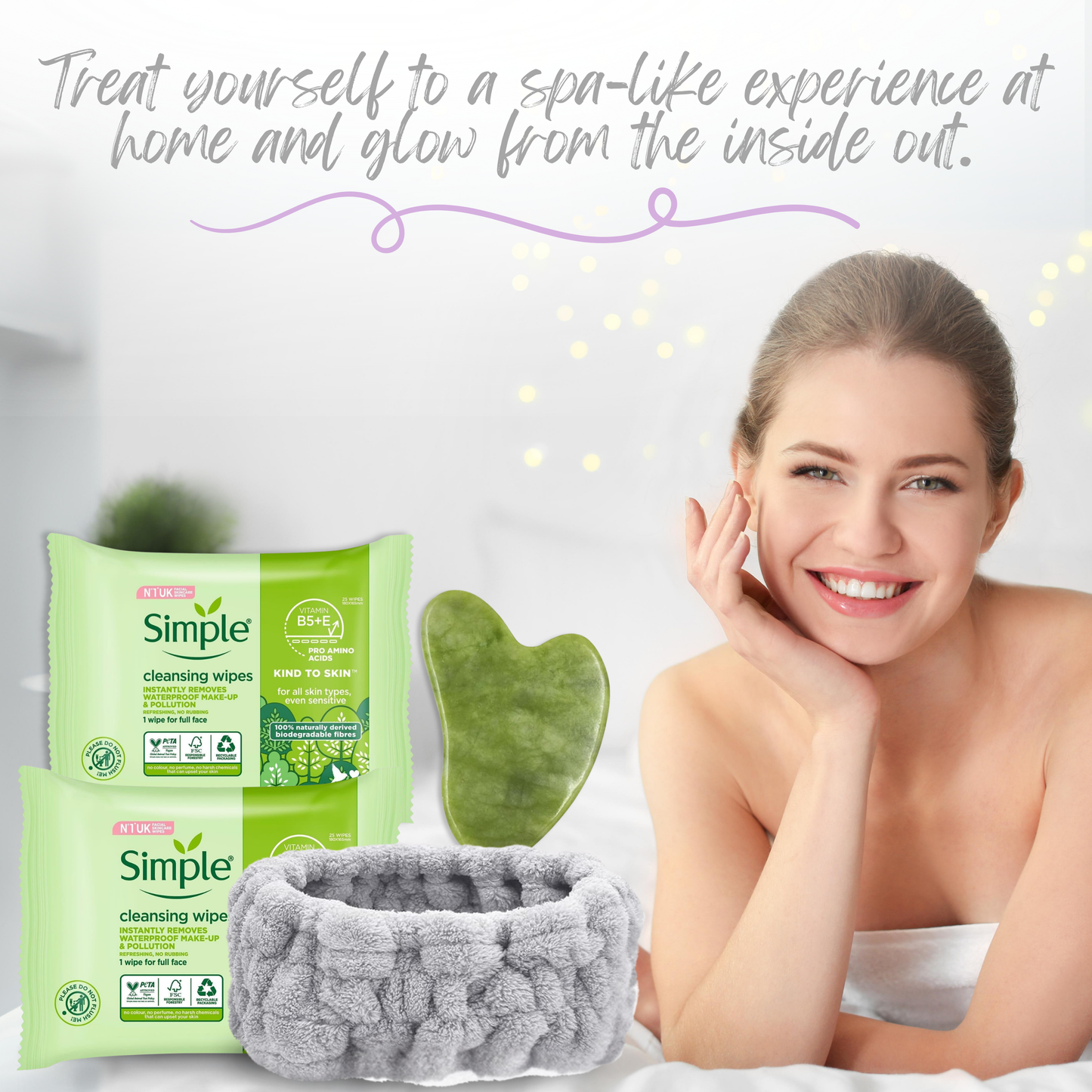 Simple Facial Cleansing Wipes (2 Pack) + Gua Sha Jade Tool & Facial Headband – Complete Skincare Set for Sensitive Skin, Makeup Removal & Face Care