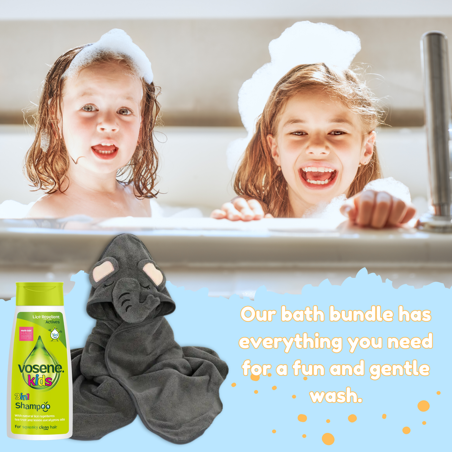 Vosene Kids Lice Repellent Shampoo & Elephant Hooded Baby Towel Bundle