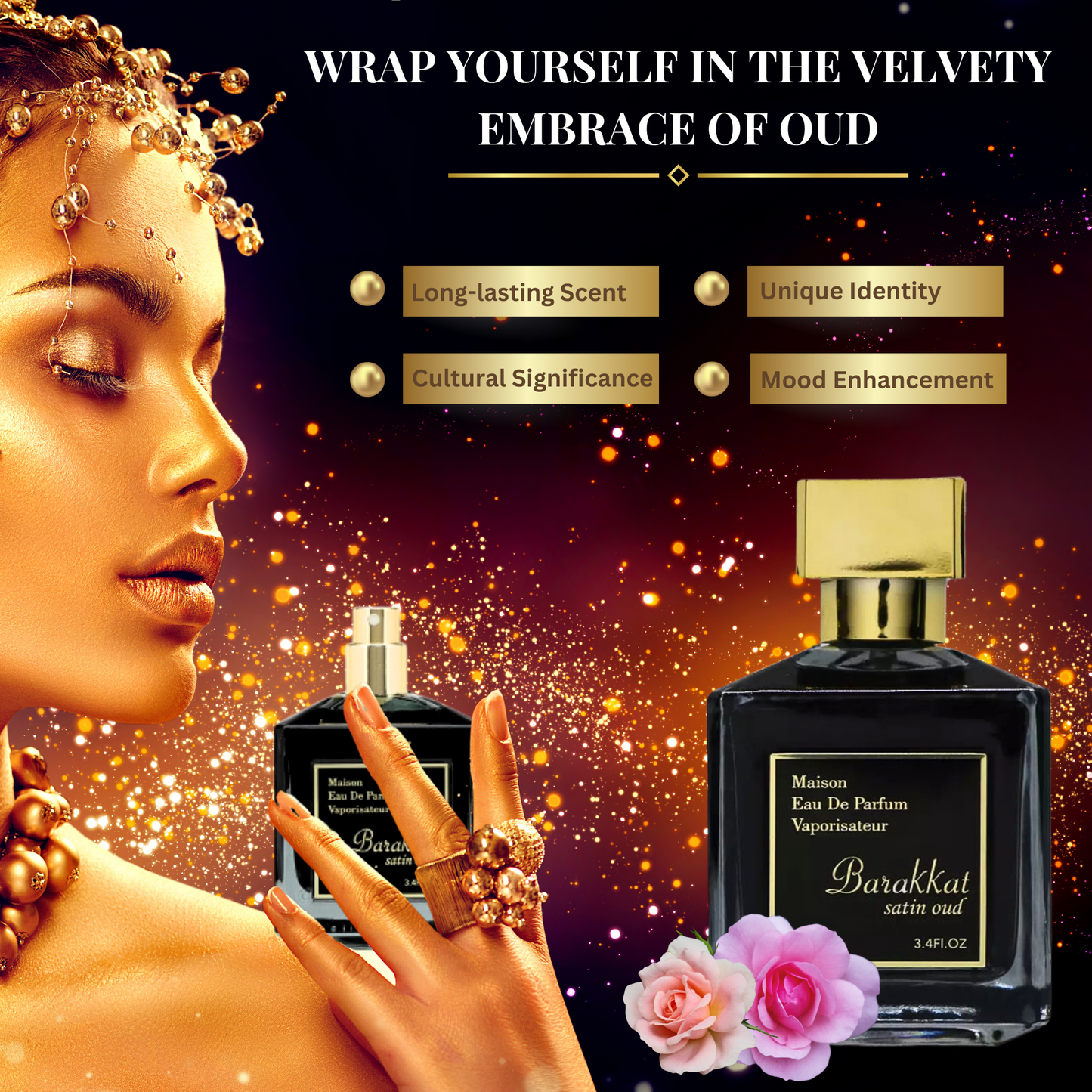 Barakkat Satin Oud Maison Eau de Parfum 100ml + 3 Mini Atomisers – Luxury Arab Perfume Inspired by Baccarat Rouge 540, Dubai Gift Set