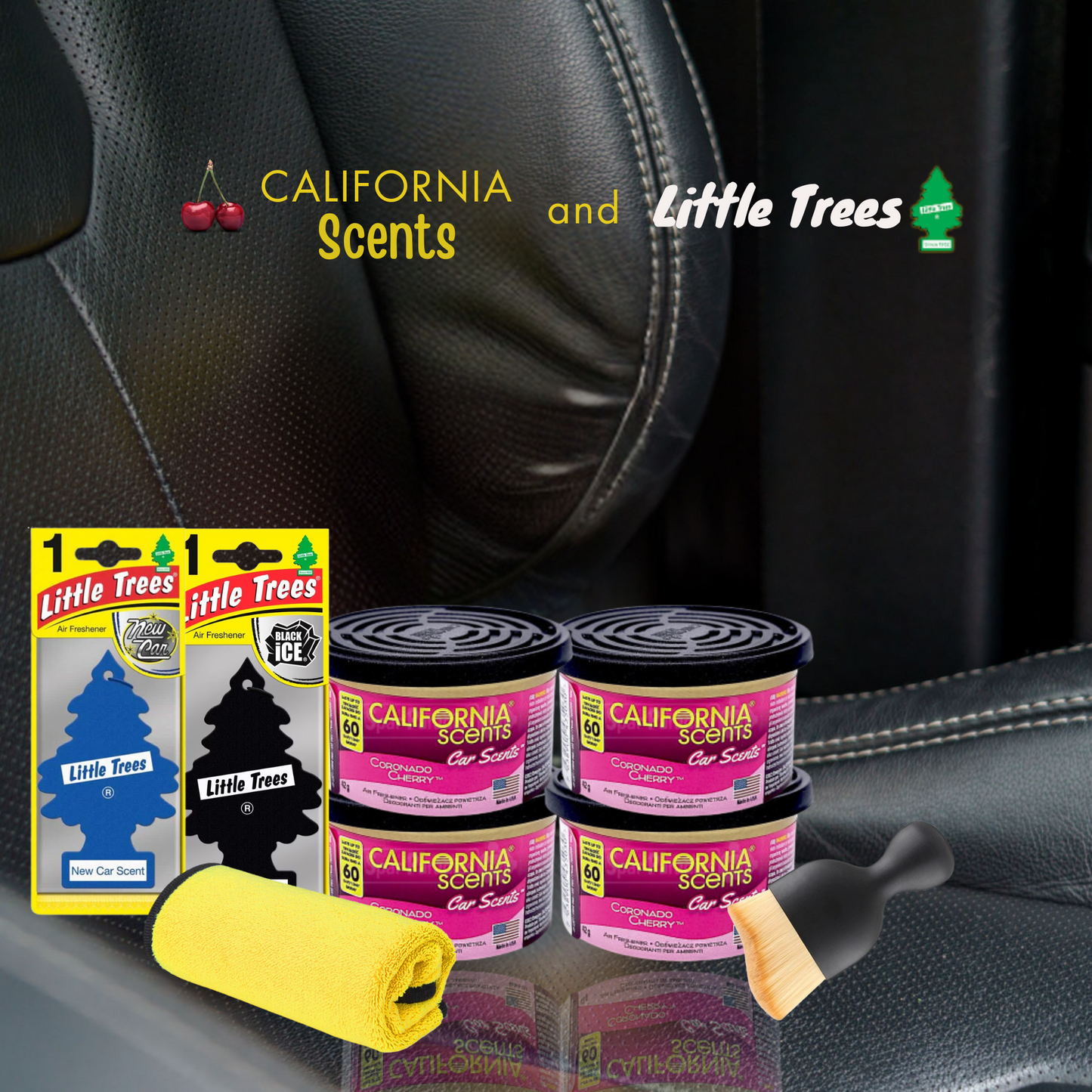 California Scents & Little Trees Air Fresheners | Car Cleaning Kit with Brush & Microfibre Towel