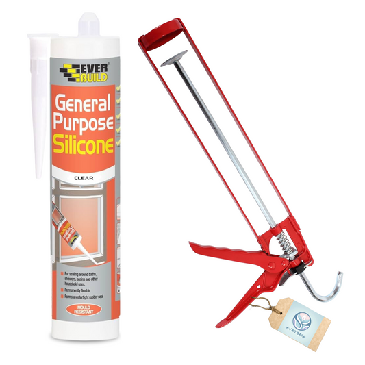 Everbuild Clear Silicone Sealant 280ml, Pro Dec caulking gun, and microfibre cloth kit for waterproof, anti-mould sealing in bathrooms, kitchens, and windows.