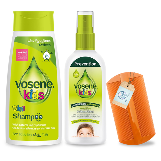 Vosene Kids 3-in-1 Lice Repellent Shampoo 250ml, Apple & Lemon Defence Spray 150ml, and Nit Comb – Natural, Safe Head Lice Treatment for Children