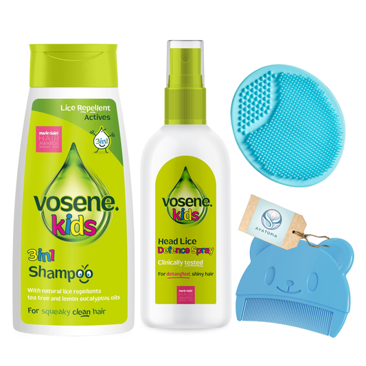 Vosene Kids 3-in-1 Lice Repellent Shampoo & Spray with Baby Brush & Comb – Lice protection with tea tree & eucalyptus, plus a soft silicone brush and comb for gentle hair and scalp care.