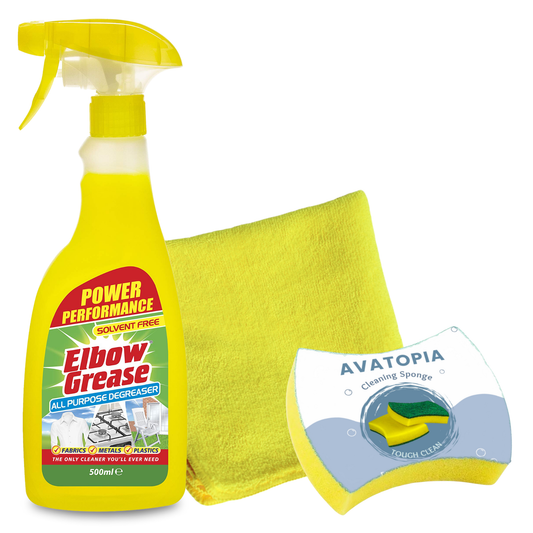Elbow Grease Degreaser Spray 500ml with cleaning sponge and microfibre cloth, ideal for removing grease, oil, and grime from kitchen, bathroom, and vehicles.
