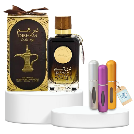 Dirham Oud 100ml Eau de Parfum with 3 refillable mini atomizers, unisex Arabian fragrance featuring oud, sandalwood, and musk for a luxurious scent experience.