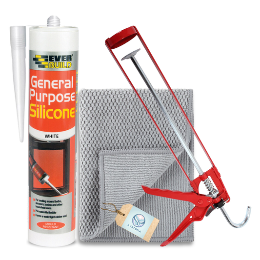 Everbuild Silicone Sealant 280ml, Pro Dec caulking gun, and microfibre cloth kit for waterproof, anti-mould sealing in bathrooms, kitchens, and outdoor areas.