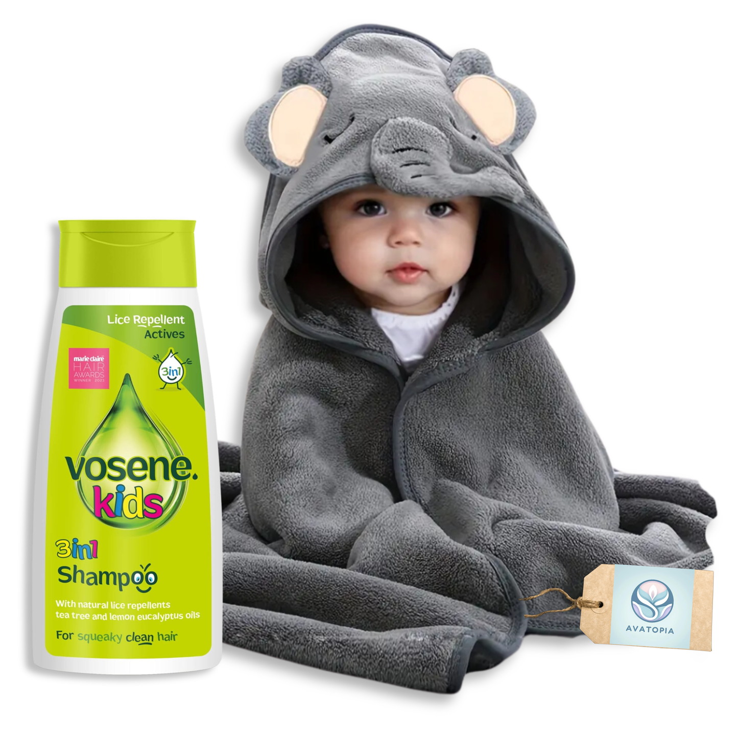 Vosene Kids Lice Repellent Shampoo & Elephant Hooded Baby Towel Bundle – 3-in-1 tea tree & eucalyptus shampoo for lice protection, paired with a soft, absorbent elephant hooded towel for babies and toddlers.