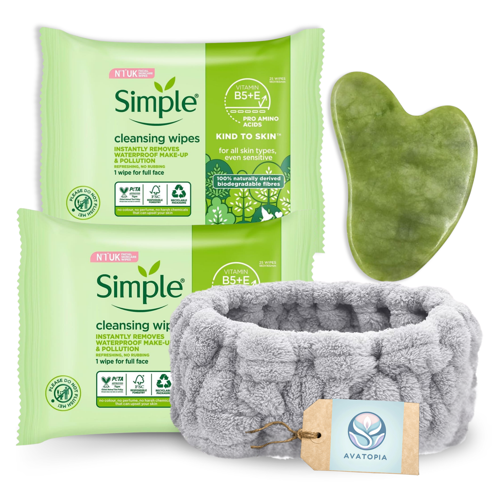 Simple Facial Cleansing Wipes 2 Pack, Gua Sha Jade Tool, and Facial Headband – Complete Skincare Set for Sensitive Skin, Makeup Removal, and Face Care