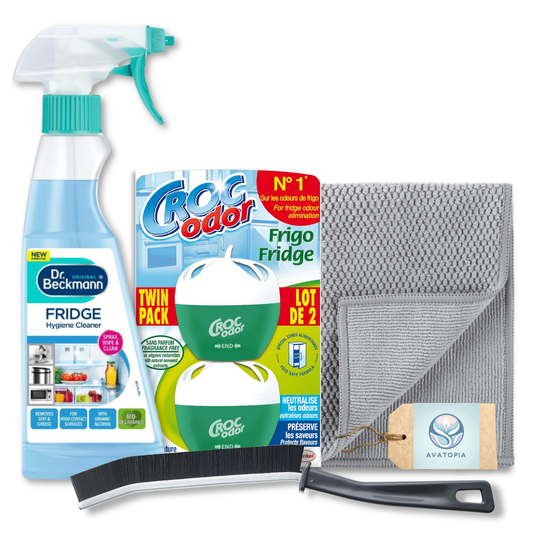Fridge Hygiene Cleaner Set – Includes Odour Absorber, Croc'Odor Deodorisers, Microfibre Cloth & Crevice Cleaning Brush for a Fresh, Spotless Fridge.