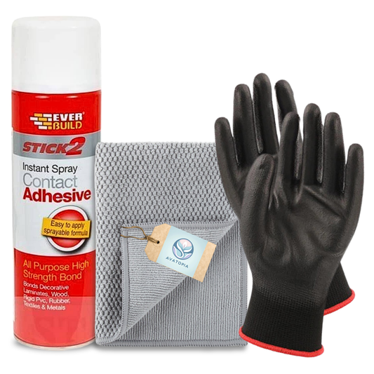 Everbuild Stick 2 High Bond Strength Spray Adhesive 500ml with Nylon Gloves and Microfibre Cloth for DIY projects, wood, metal, vinyl, carpets, and upholstery